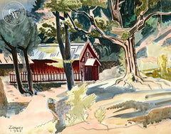 Old Mission Church at Khanaspur, India, 1944, California art by Milford Zornes. HD giclee art prints for sale at CaliforniaWatercolor.com - original California paintings, & premium giclee prints for sale