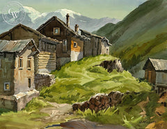 Hilltop Houses, Switzerland Oberlaps, California art by Othello Michetti. HD giclee art prints for sale at CaliforniaWatercolor.com - original California paintings, & premium giclee prints for sale