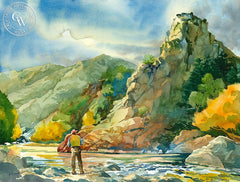 Fishing the Kern River, California art by Sid Bingham. HD giclee art prints for sale at CaliforniaWatercolor.com - original California paintings, & premium giclee prints for sale