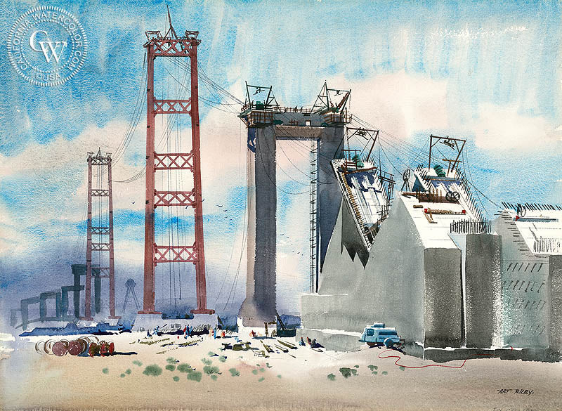 Building the Bridge II, 1962, watercolor painting by Art Riley  (American art). Fine art giclée print reproduction by California Watercolor for wall decor.