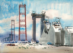 Building the Bridge, 1962 II, California art by Art Riley. HD giclee art prints for sale at CaliforniaWatercolor.com - original California paintings, & premium giclee prints for sale