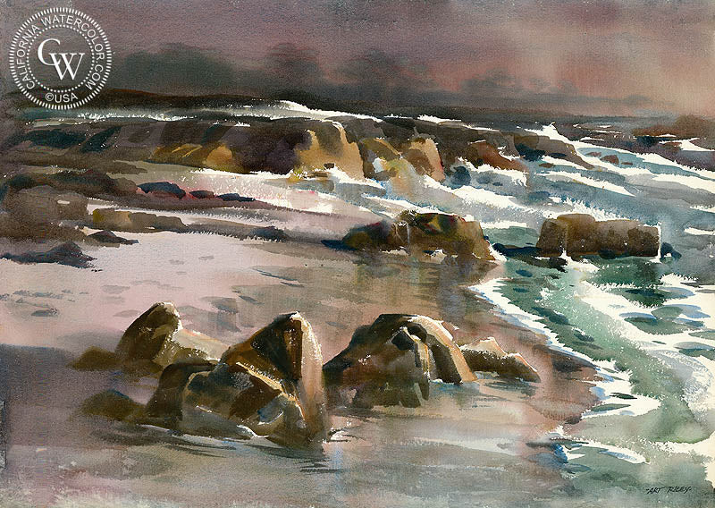 Pebble Beach Dusk, watercolor painting by Art Riley  (American art). Fine art giclée print reproduction by California Watercolor for wall decor.