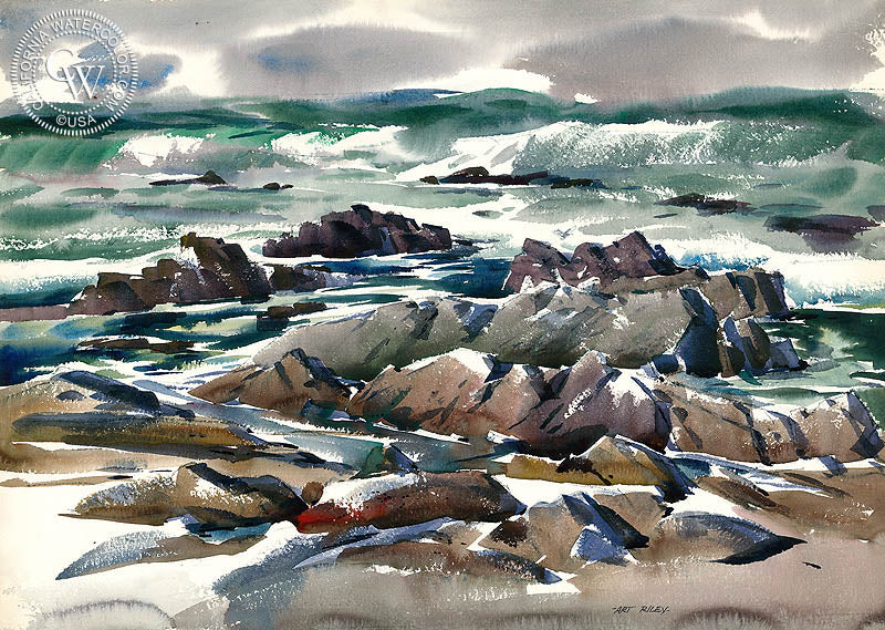 Stormy Pacific, Carmel, watercolor painting by Art Riley  (American art). Fine art giclée print reproduction by California Watercolor for wall decor.
