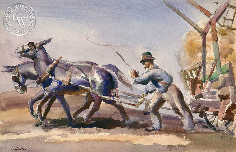 Harvest, Getting in the Hay, 1930, watercolor painting by Barse Miller  (American art). Fine art giclée print reproduction by California Watercolor for wall decor.