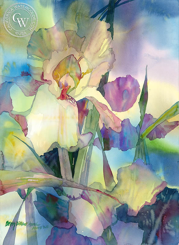 Kind Irises, watercolor painting by Betsy Dillard Stroud  (American art). Fine art giclée print reproduction by California Watercolor for wall decor.