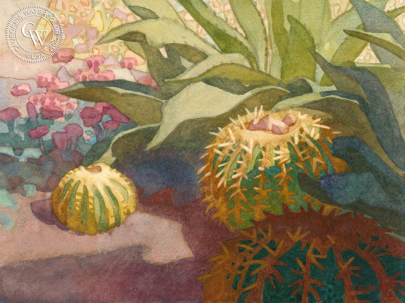 Agave and Barrel Cactus, 2020, watercolor painting by Carolyn Lord  (American art). Fine art giclée print reproduction by California Watercolor for wall decor.