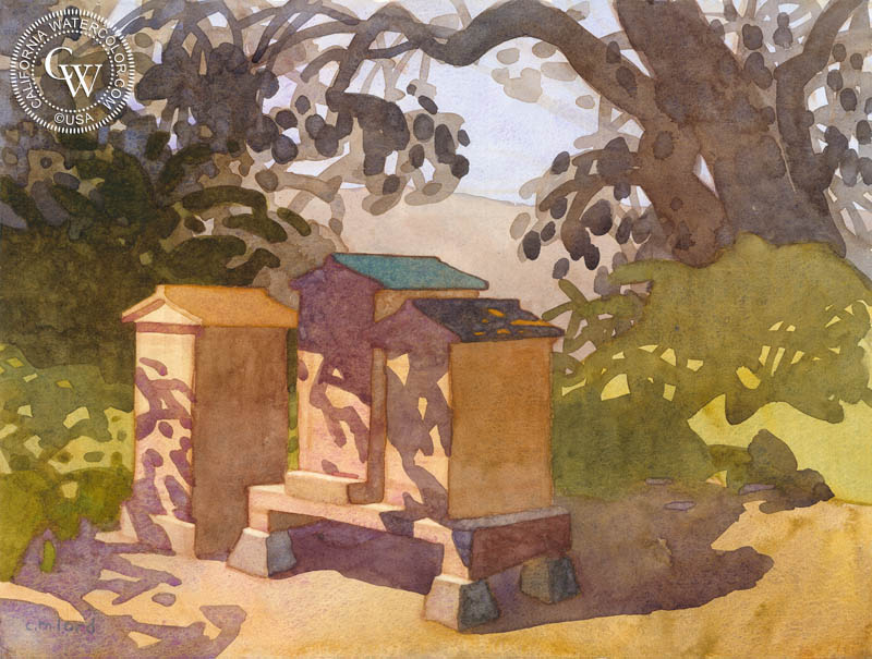 Bee Boxes Under the Oaks, 2019, watercolor painting by Carolyn Lord  (American art). Fine art giclée print reproduction by California Watercolor for wall decor.