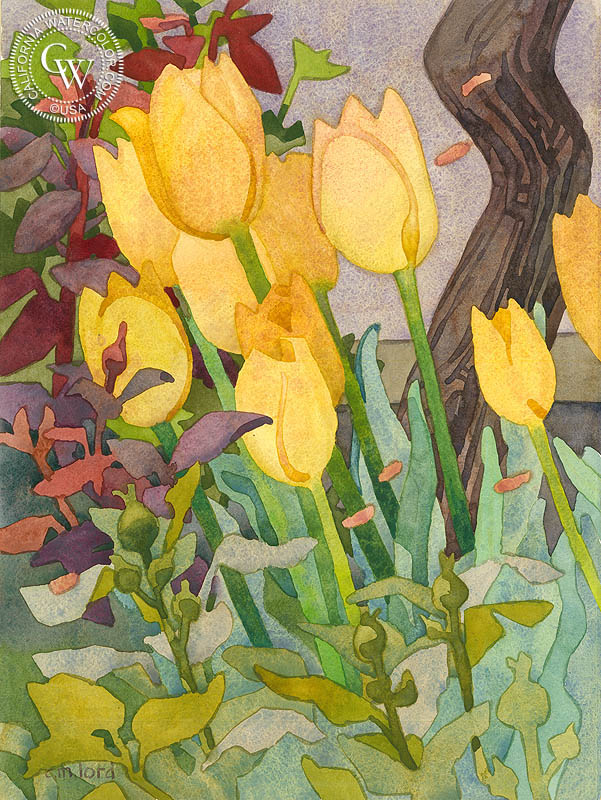 Butter Tulips, 2013, watercolor painting by Carolyn Lord  (American art). Fine art giclée print reproduction by California Watercolor for wall decor.