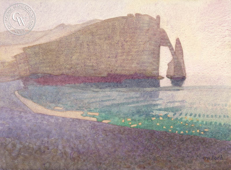 La Plage d'Etretat, 2019, watercolor painting by Carolyn Lord  (American art). Fine art giclée print reproduction by California Watercolor for wall decor.