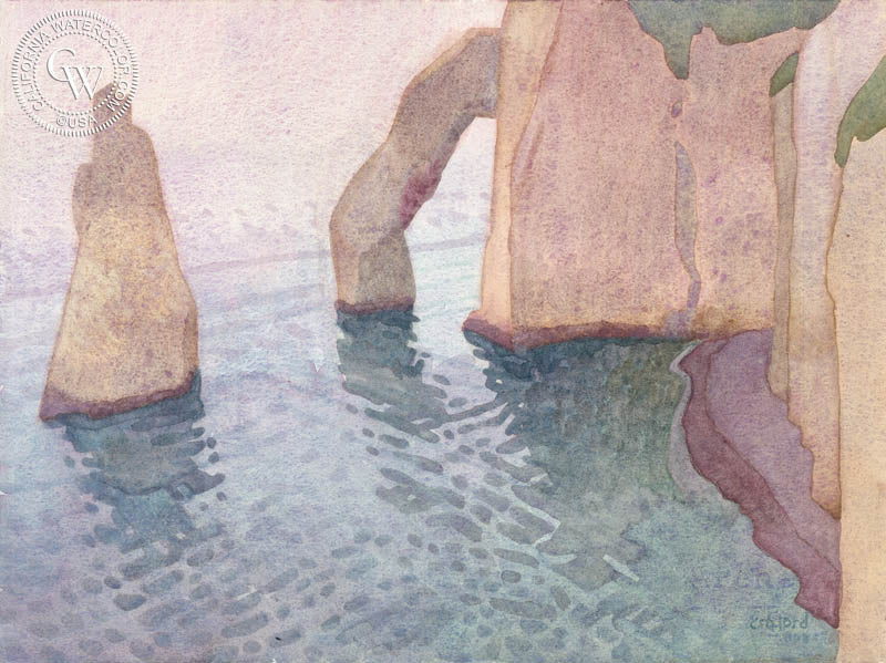 Les Falaise a Porte d'Aval, 2019, watercolor painting by Carolyn Lord  (American art). Fine art giclée print reproduction by California Watercolor for wall decor.