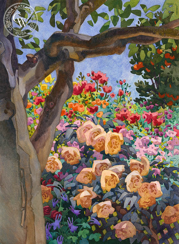 Mary Lou's View, 2011, watercolor painting by Carolyn Lord  (American art). Fine art giclée print reproduction by California Watercolor for wall decor.