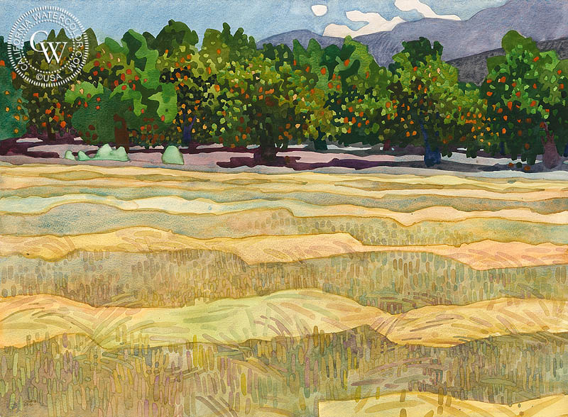 Mown Hay in Ojai, 1990, watercolor painting by Carolyn Lord  (American art). Fine art giclée print reproduction by California Watercolor for wall decor.