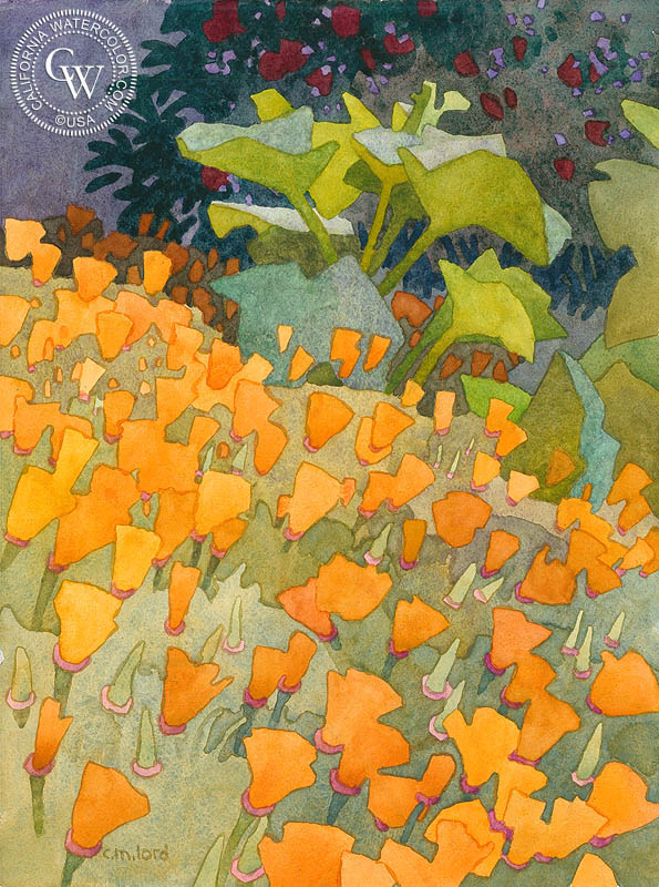 Poppies in April, watercolor painting by Carolyn Lord  (American art). Fine art giclée print reproduction by California Watercolor for wall decor.