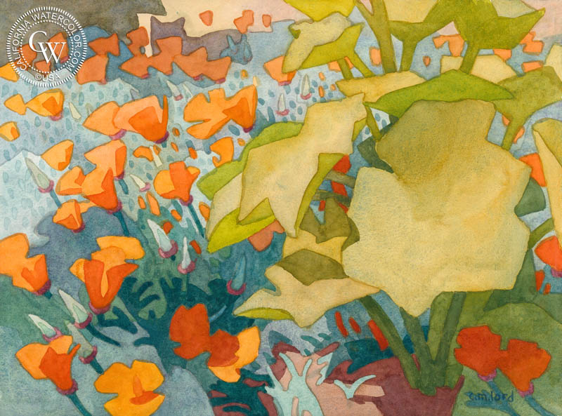 Poppies with Hollyhock Seedling, 2020, watercolor painting by Carolyn Lord  (American art). Fine art giclée print reproduction by California Watercolor for wall decor.