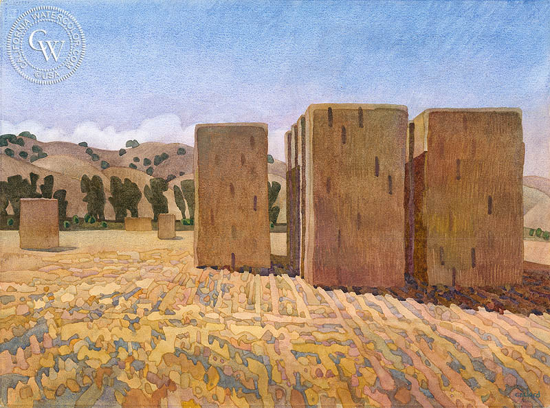 Summer Hay, 2001, watercolor painting by Carolyn Lord  (American art). Fine art giclée print reproduction by California Watercolor for wall decor.