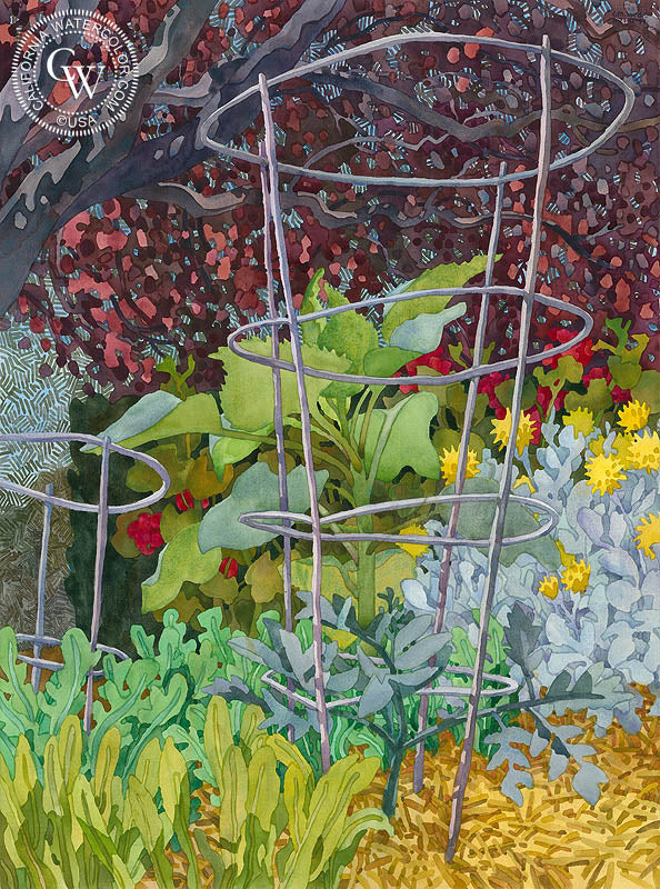 Tomato Cage, 1994, watercolor painting by Carolyn Lord  (American art). Fine art giclée print reproduction by California Watercolor for wall decor.
