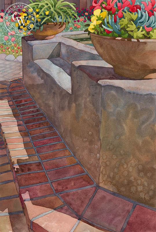 Fountainside, 2000, watercolor painting by Carolyn Lord  (American art). Fine art giclée print reproduction by California Watercolor for wall decor.