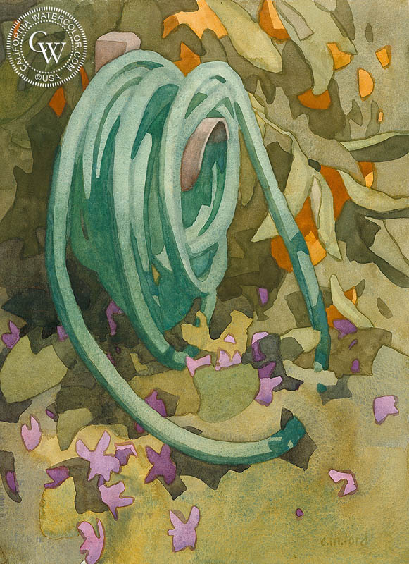 Hose with Violets, 2020, watercolor painting by Carolyn Lord  (American art). Fine art giclée print reproduction by California Watercolor for wall decor.
