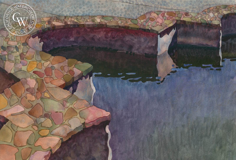 Mission Pool, 1989, watercolor painting by Carolyn Lord  (American art). Fine art giclée print reproduction by California Watercolor for wall decor.
