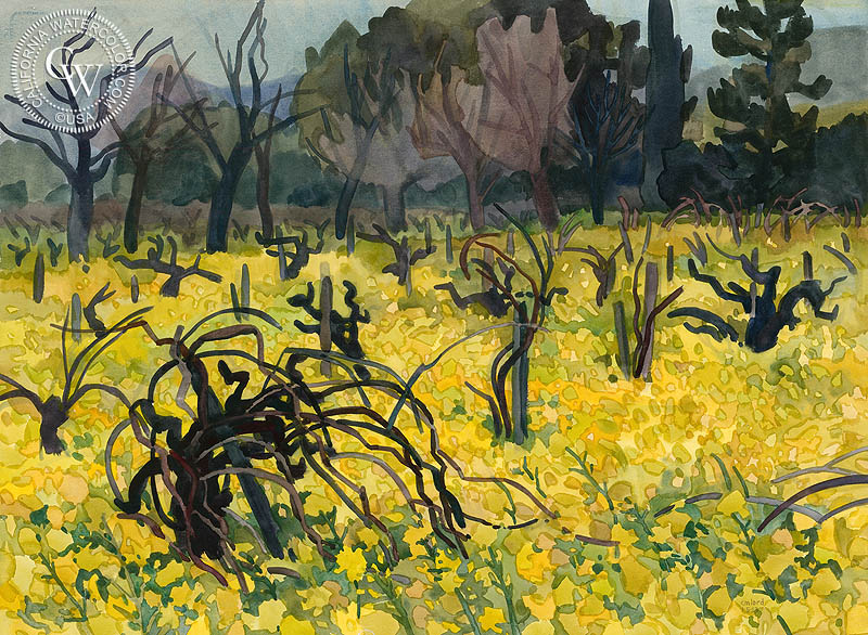 Mustard in the Vineyard, 1983, watercolor painting by Carolyn Lord  (American art). Fine art giclée print reproduction by California Watercolor for wall decor.