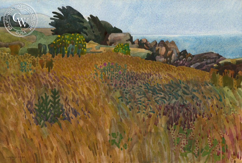 Sea Ranch Meadow, 1988, watercolor painting by Carolyn Lord  (American art). Fine art giclée print reproduction by California Watercolor for wall decor.