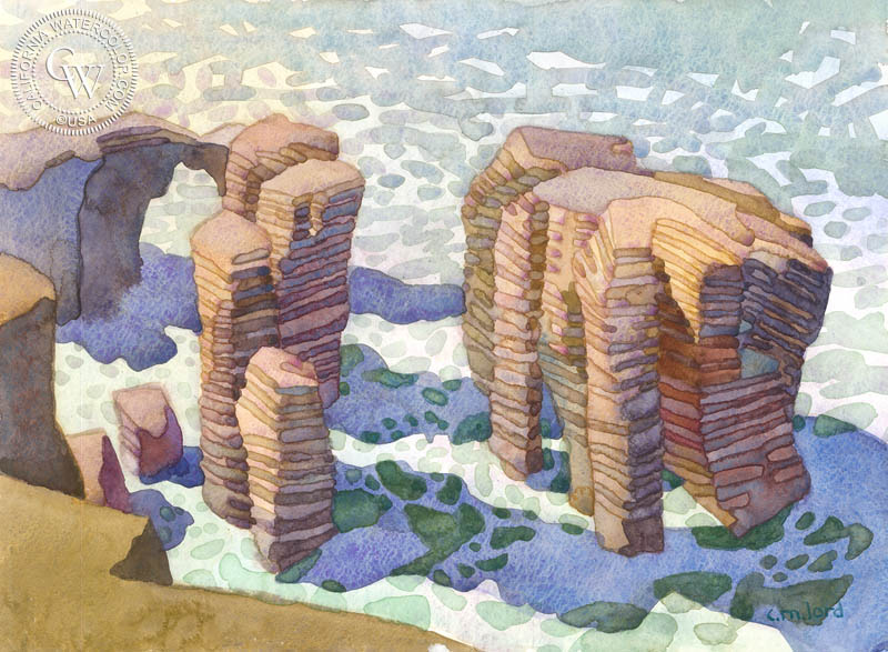 Seafoam at Stonehenge, 2017, watercolor painting by Carolyn Lord  (American art). Fine art giclée print reproduction by California Watercolor for wall decor.