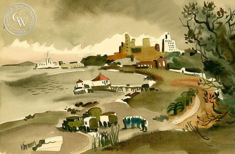 Looking Back from the Golden Gate Bridge, 1933, watercolor painting by Dong Kingman  (American art). Fine art giclée print reproduction by California Watercolor for wall decor.