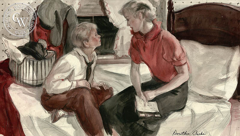 Serious Talk, 1936, watercolor painting by Dorothea Cooke (Gramatky)  (American art). Fine art giclée print reproduction by California Watercolor for wall decor.