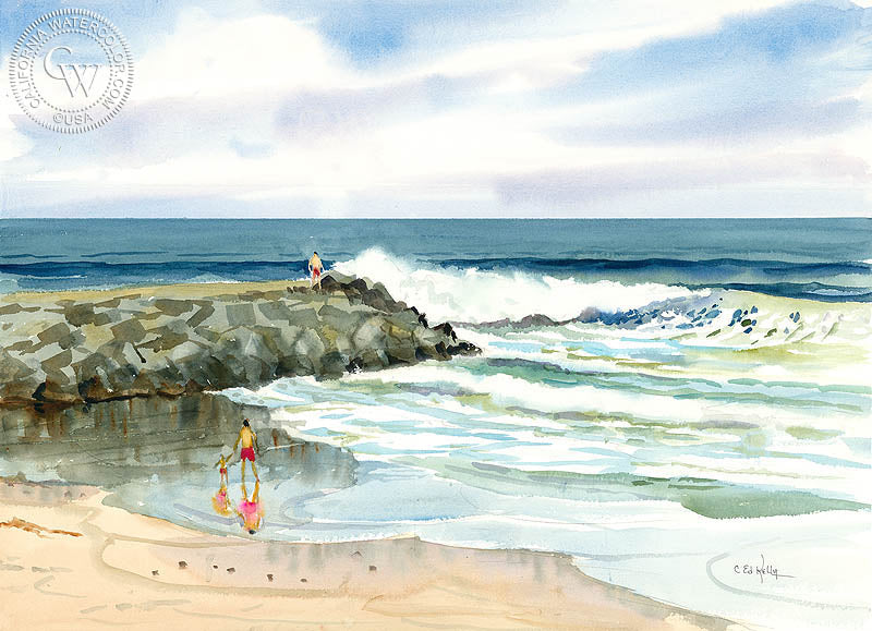 Oceanside Boulevard Jetty, watercolor painting by Ed Kelly  (American art). Fine art giclée print reproduction by California Watercolor for wall decor.