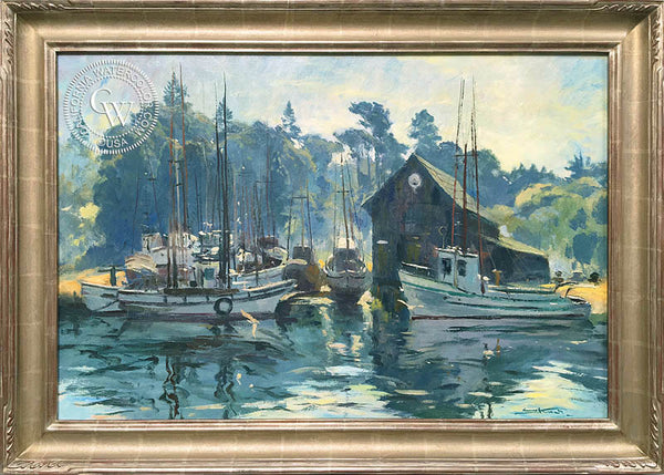 Emil Kosa Jr. - Boat Harbor, Fort Bragg, c. 1940s, an original California oil painting for sale, original California art for sale - CaliforniaWatercolor.com