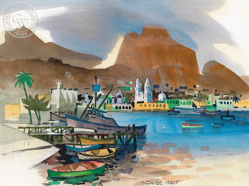 Guaymas Harbor, watercolor painting by George Post  (American art). Fine art giclée print reproduction by California Watercolor for wall decor.