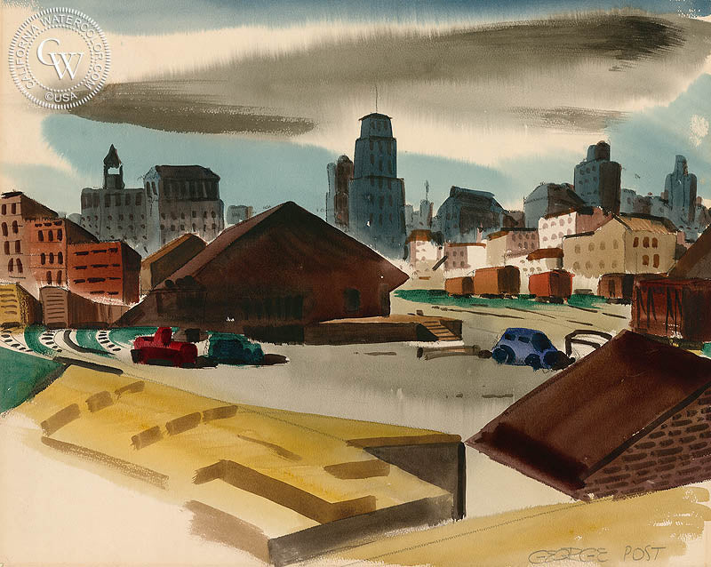Bay Area Rail Yard, watercolor painting by George Post  (American art). Fine art giclée print reproduction by California Watercolor for wall decor.