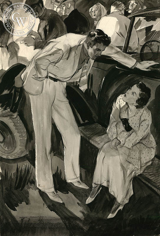Brief Encounter, c. 1930s, watercolor painting by Hardie Gramatky  (American art). Fine art giclée print reproduction by California Watercolor for wall decor.