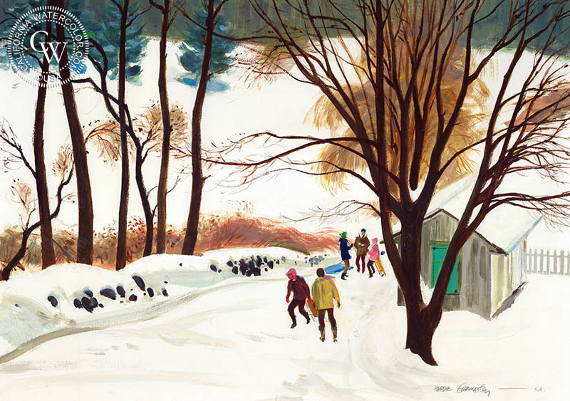 Maple in Winter Snow, (Westport), 1974, watercolor painting by Hardie Gramatky  (American art). Fine art giclée print reproduction by California Watercolor for wall decor.