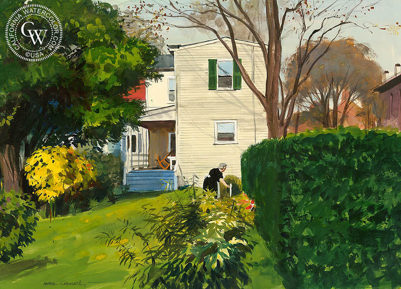 House in New Castle, 1962, watercolor painting by Hardie Gramatky  (American art). Fine art giclée print reproduction by California Watercolor for wall decor.