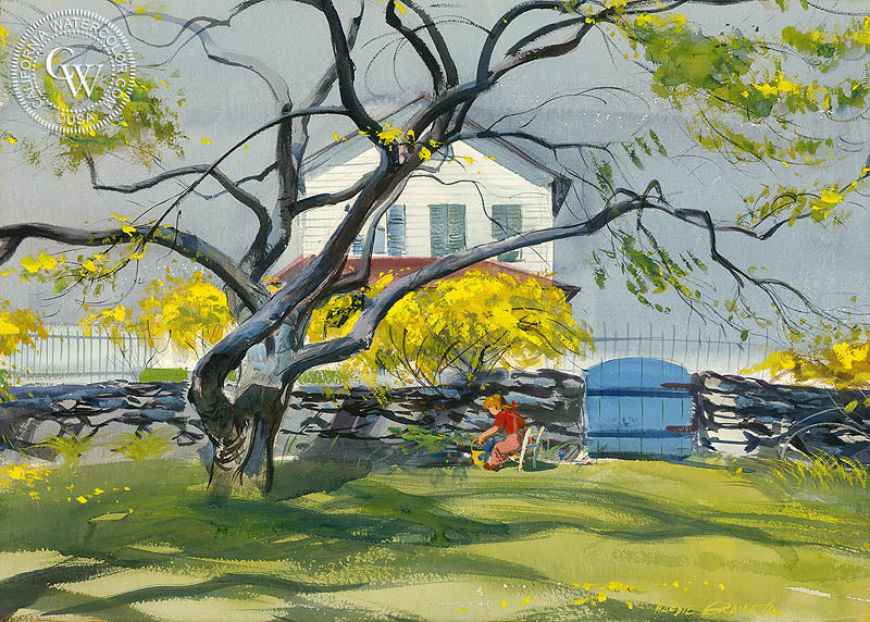 Linda in Front Yard, (Westport), 1947, watercolor painting by Hardie Gramatky  (American art). Fine art giclée print reproduction by California Watercolor for wall decor.
