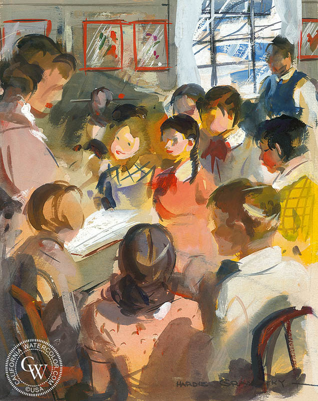 Morning Lesson, c. 1953, watercolor painting by Hardie Gramatky  (American art). Fine art giclée print reproduction by California Watercolor for wall decor.