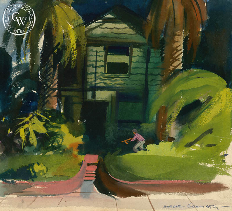 War in a California Yard, 1943, watercolor painting by Hardie Gramatky  (American art). Fine art giclée print reproduction by California Watercolor for wall decor.