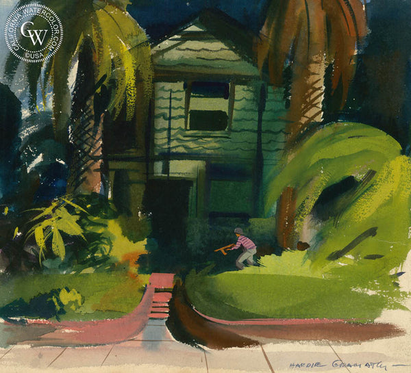 War in a California Yard, 1943, California art by Hardie Gramatky. HD giclee art prints for sale at CaliforniaWatercolor.com - original California paintings, & premium giclee prints for sale