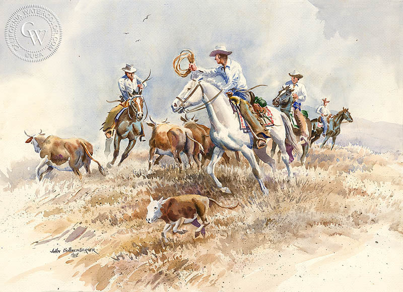 Round Up, watercolor painting by John Bohnenberger  (American art). Fine art giclée print reproduction by California Watercolor for wall decor.
