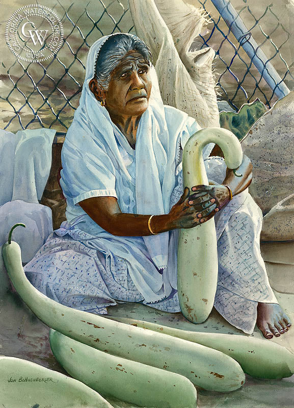 Bottle Gourd Hawker, watercolor painting by John Bohnenberger  (American art). Fine art giclée print reproduction by California Watercolor for wall decor.