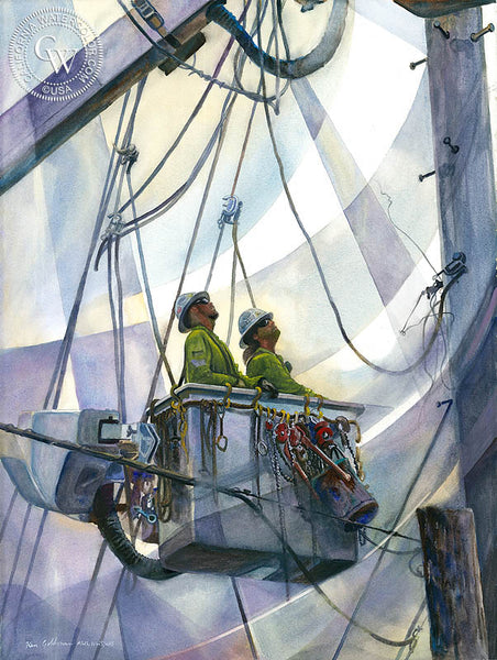 Line and Space #5, a California watercolor painting by Ken Goldman. Telephone poles, power lines, hard work. HD giclee art prints for sale at CaliforniaWatercolor.com - original California paintings, & premium giclee prints for sale