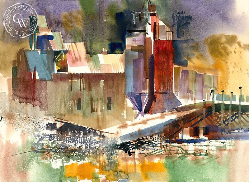 The Brick Factory, 1985, watercolor painting by Ken Potter  (American art). Fine art giclée print reproduction by California Watercolor for wall decor.