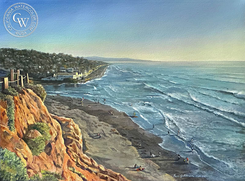 Del Mar Dog Beach, watercolor painting by Ken Goldman  (American art). Fine art giclée print reproduction by California Watercolor for wall decor.