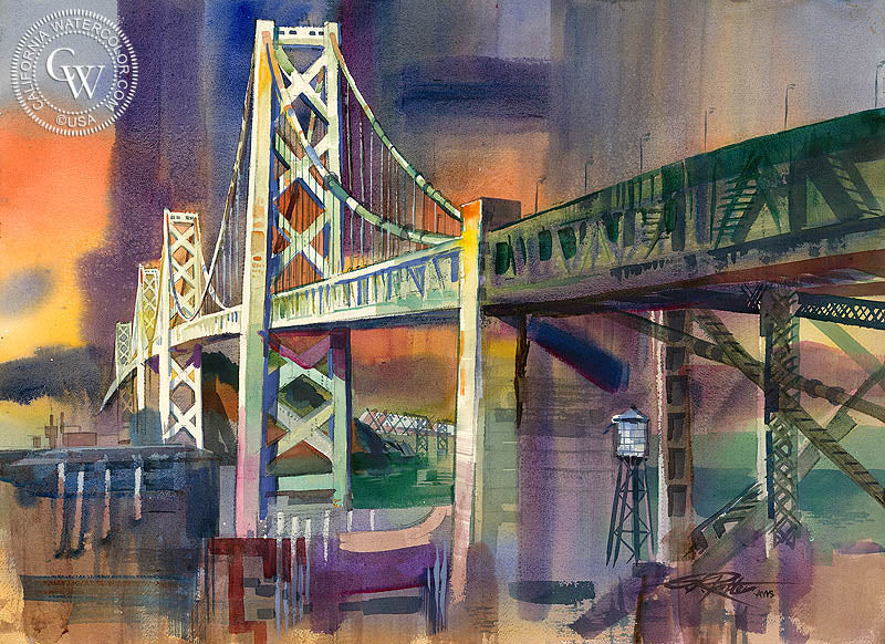 Bay Bridge from Rincon Hill, 1975, watercolor painting by Ken Potter  (American art). Fine art giclée print reproduction by California Watercolor for wall decor.