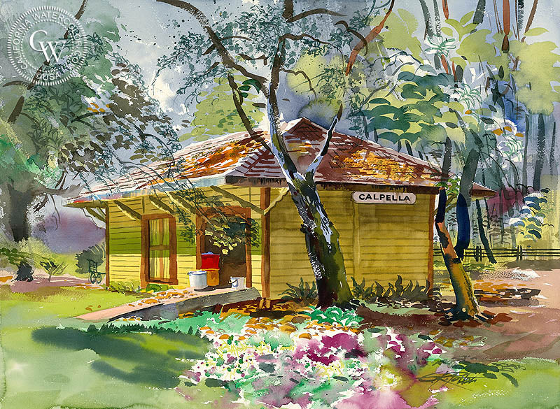 Calpella Station, 1982, watercolor painting by Ken Potter  (American art). Fine art giclée print reproduction by California Watercolor for wall decor.