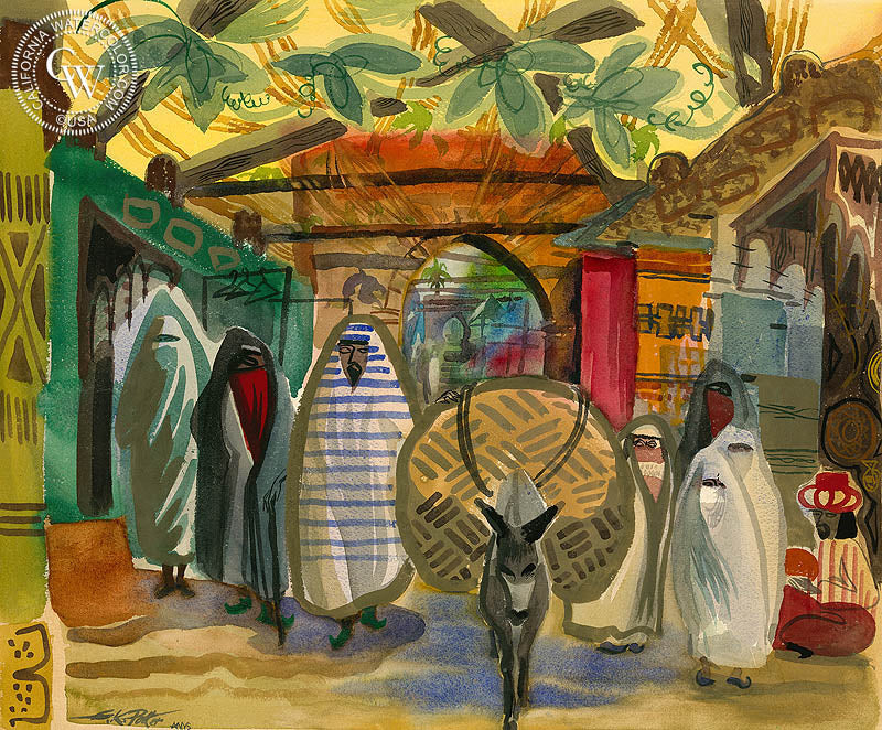 Les Souks de Fez, 1953, watercolor painting by Ken Potter  (American art). Fine art giclée print reproduction by California Watercolor for wall decor.