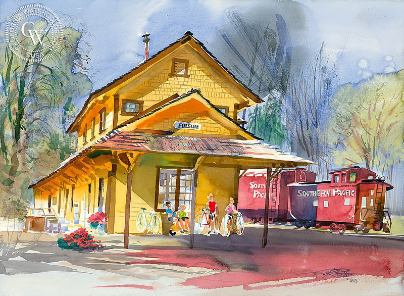 Old Folsom Station, 2006, watercolor painting by Ken Potter  (American art). Fine art giclée print reproduction by California Watercolor for wall decor.