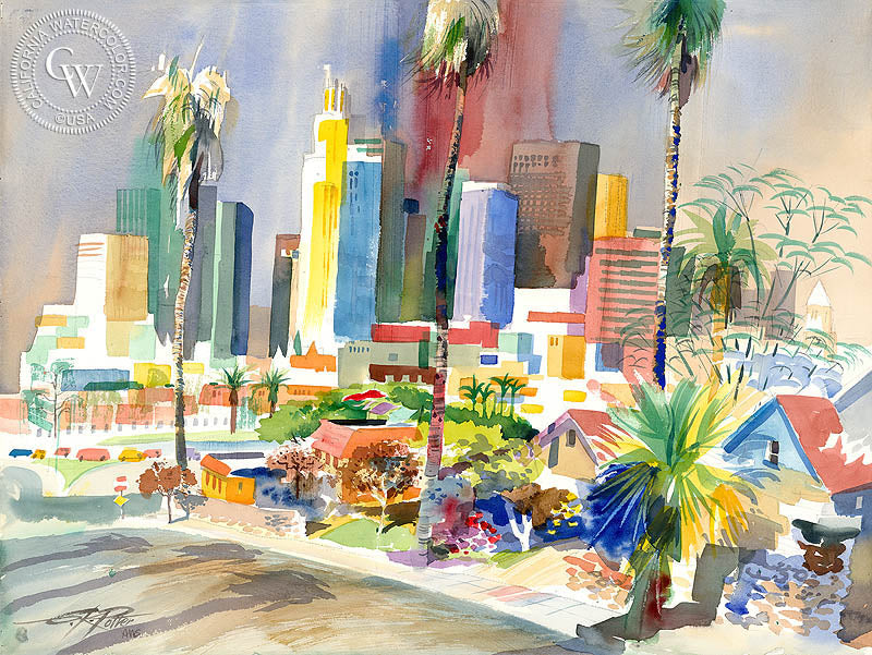 Skyline L.A. from Kearney Street, 2004, watercolor painting by Ken Potter  (American art). Fine art giclée print reproduction by California Watercolor for wall decor.