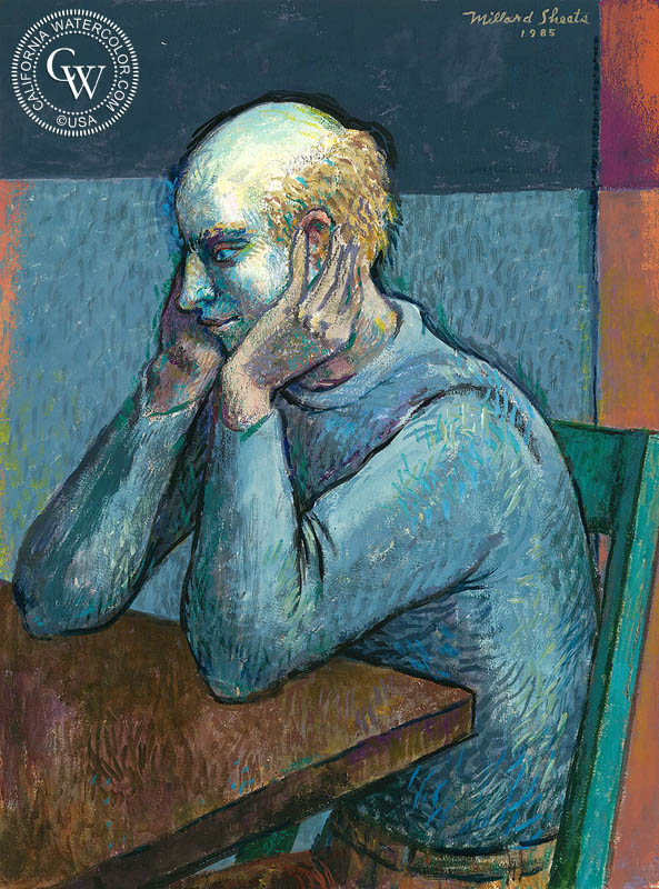 Figure in Blue, 1985, watercolor painting by Millard Sheets  (American art). Fine art giclée print reproduction by California Watercolor for wall decor.